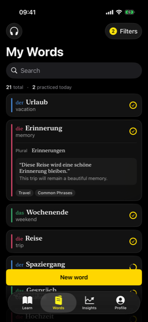 Personal German dictionary in Pretzly with articles, plurals and example sentences