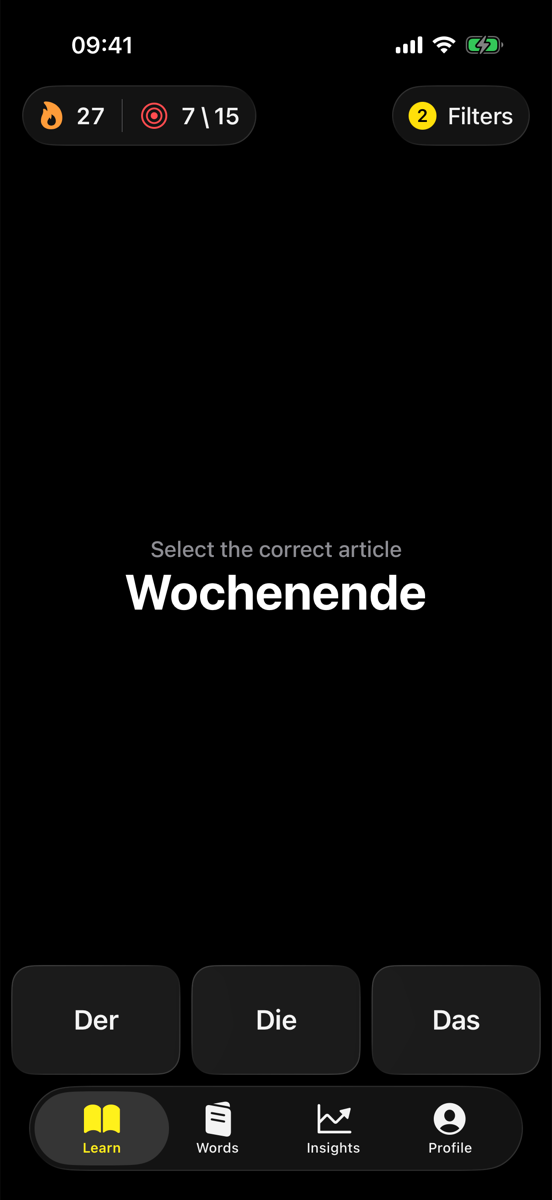Der die das article exercise in Pretzly: select the correct article for the German word Wochenende