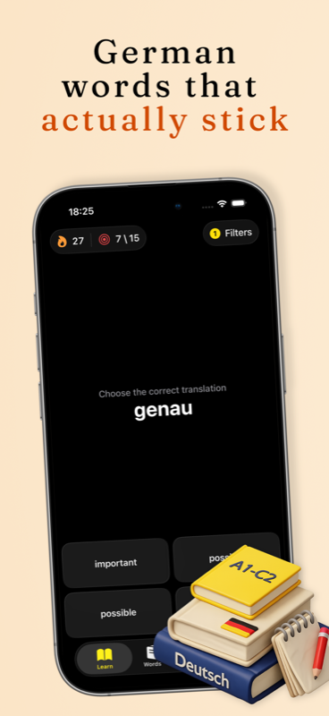 Active-recall German vocabulary exercise asking for the translation of genau