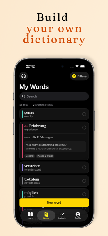 Personal German dictionary in the app showing A1 words with articles, plurals and example sentences