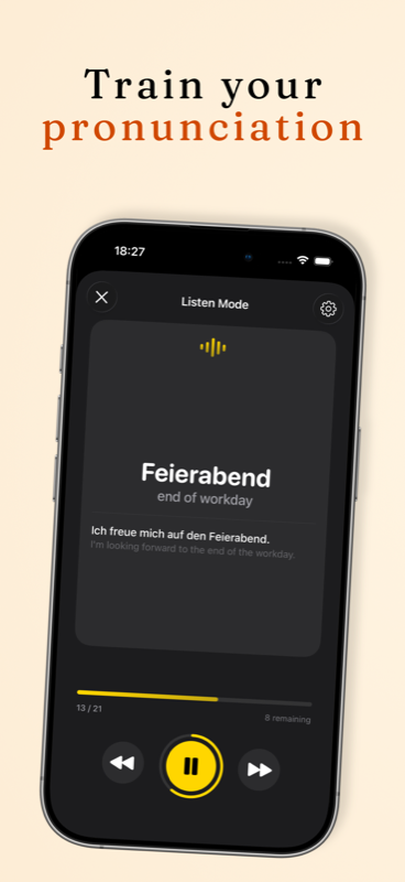 Listen Mode in the app playing the German word Feierabend with an example sentence