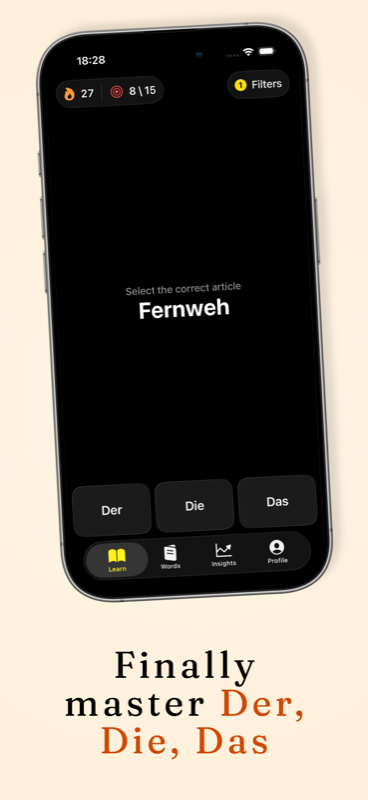Der die das article selection exercise in the Pretzly app