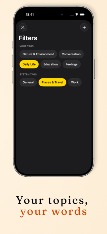 Topic filters for German vocabulary: Daily Life, Work, Places and Travel tags