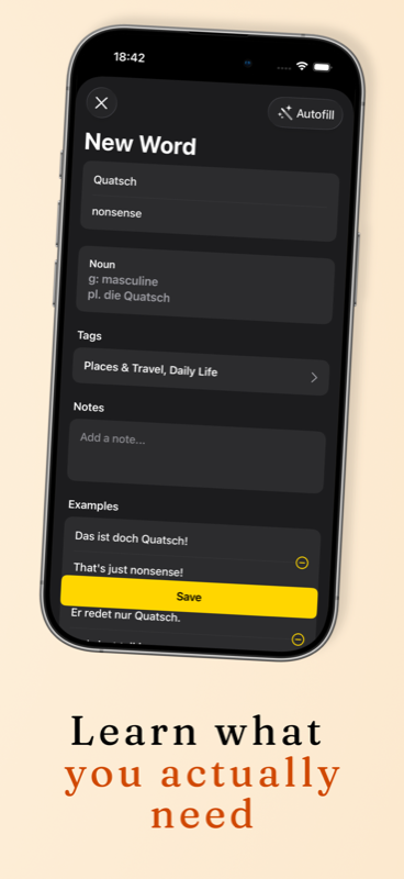 New Word screen in the app with AI Autofill showing gender and plural for a German noun
