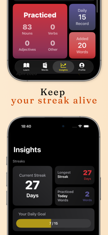 Insights screen showing practiced German words statistics and a 27-day streak